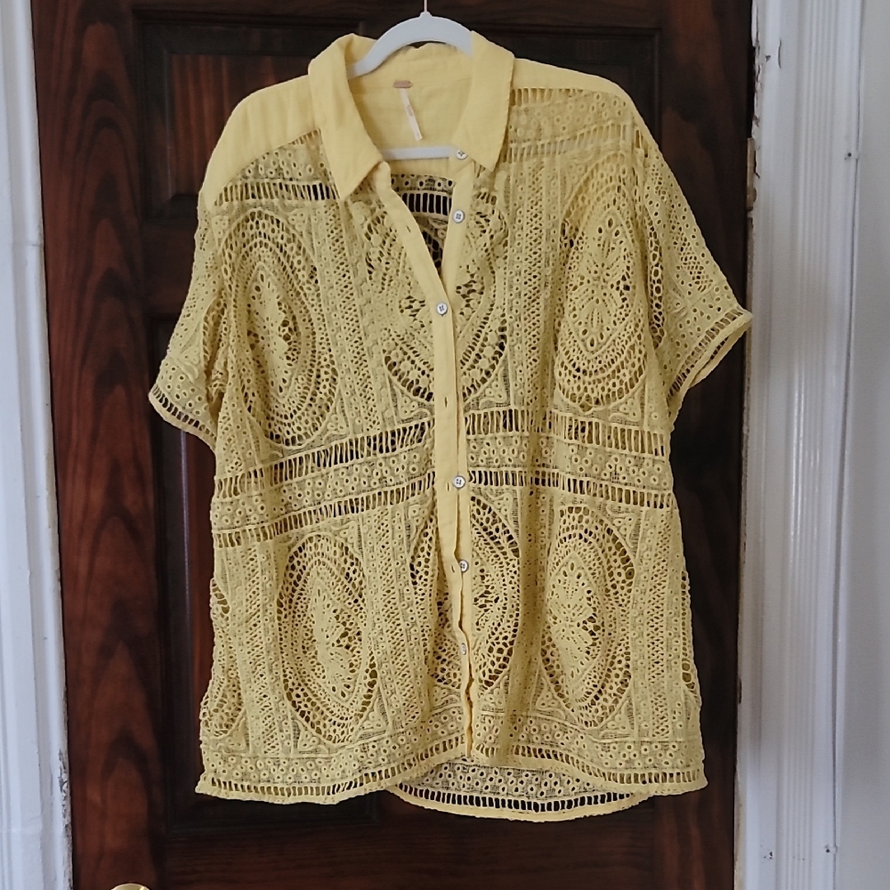 Free People Yellow Faux-chet Oversize Button Down Shirt
